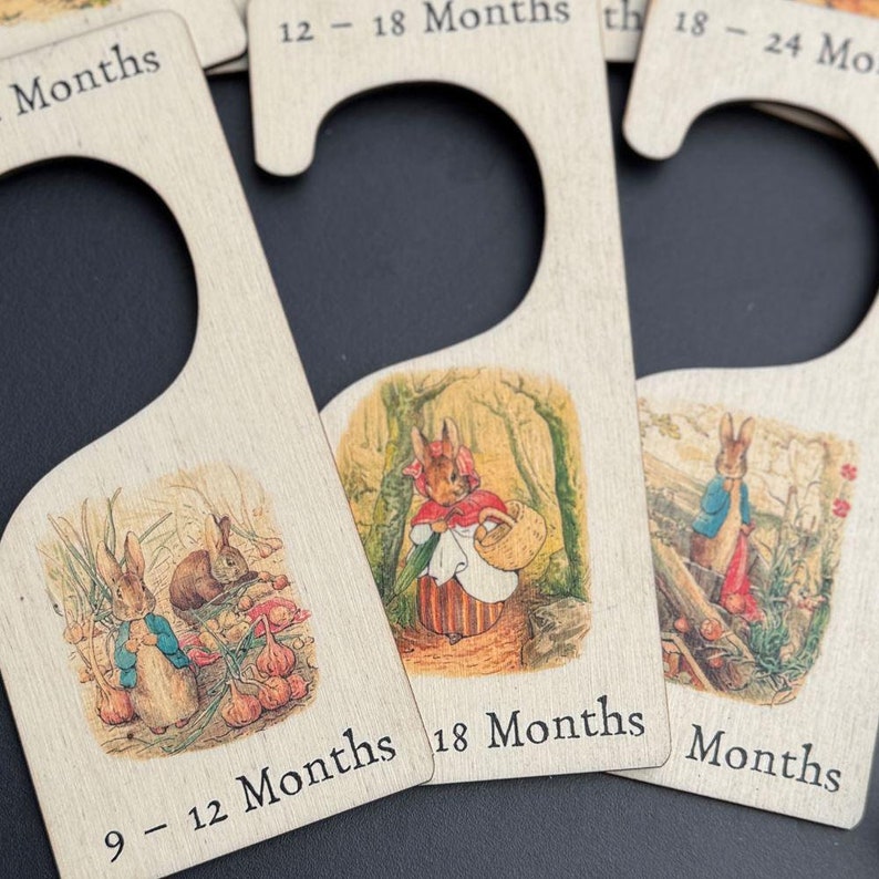 7 Peter Rabbit Nursery Hangers, Wooden Baby Clothes Dividers Colour Printed, New Born Gift, Baby Shower Keepsake, Wood Baby Keepsake image 5