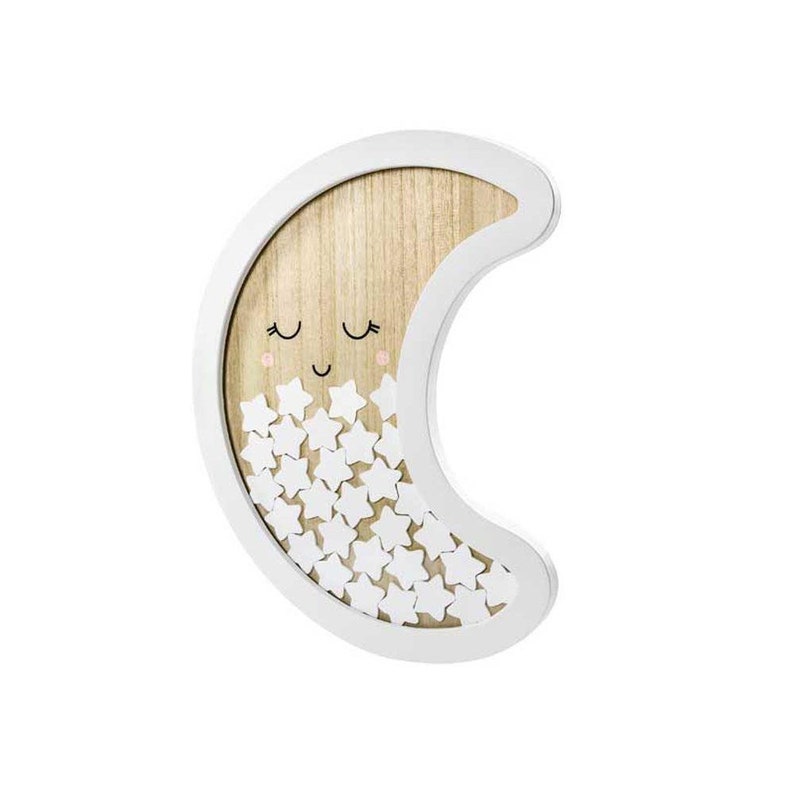 May include: A white crescent moon-shaped wall decor with a wooden interior and a smiling face. The moon features a collection of white star cutouts and is designed for a nursery or child's room.
