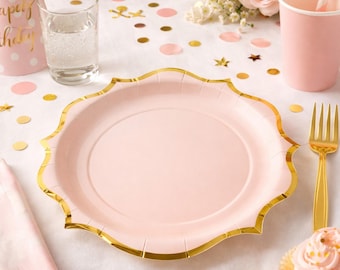 Piatti di carta rosa con dettagli dorati per feste di compleanno e occasioni speciali (confezione da 8, diametro 23 cm)