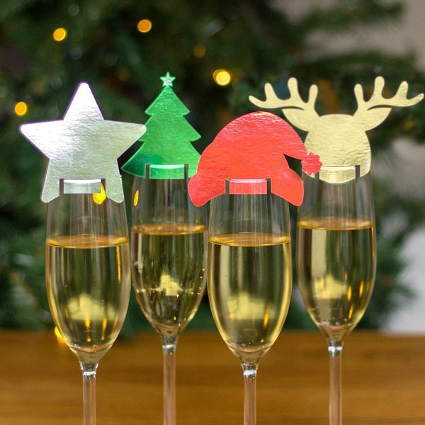 4 Novelty Christmas Drinks Toppers Hat Reindeer Star Tree, Festive Party Table Decoration, Wine Glass Decoration, Christmas Party Drinks