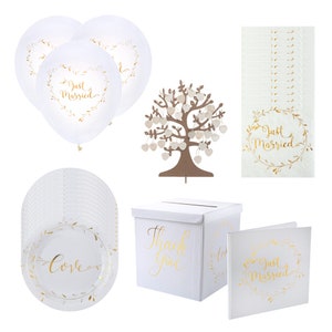 Idee per matrimoni in oro bianco, tovaglioli di nozze dorati, piatti, palloncini, tovaglioli, cassetta postale per biglietti di nozze, libro degli ospiti per l'albero di nozze, stoviglie per il matrimonio