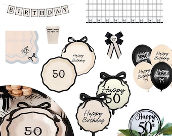 50th Birthday Party Tableware, Birthday Bow Design Tableware, Age 50 Partyware,  50th Party Napkins Plates Cups Balloons Toppers