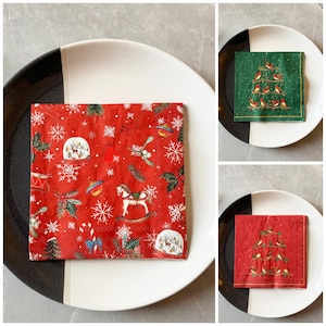 Tovaglioli da cocktail natalizi, piccoli tovaglioli da canapé, stoviglie per le feste, tovaglioli per le feste di Natale, stoviglie per le feste di Natale rosse o verdi x20