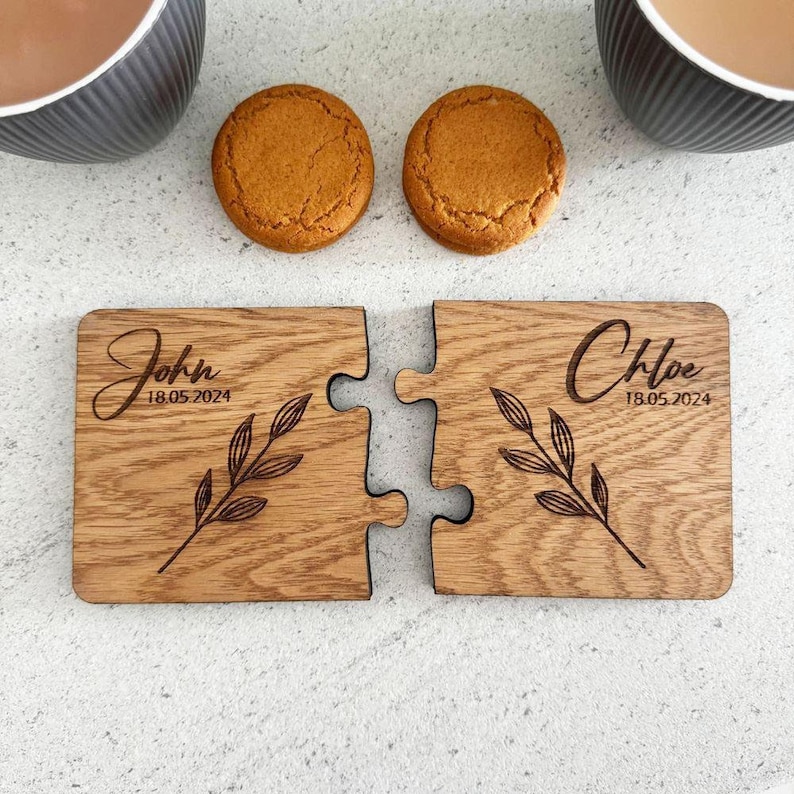 Personalised Coaster With Names Date, Leaf Design, Engraved Wooden Coaster, His Her Gift, Mr Mrs Gift, Anniversary Wedding Gift, Set Of 2 image 2
