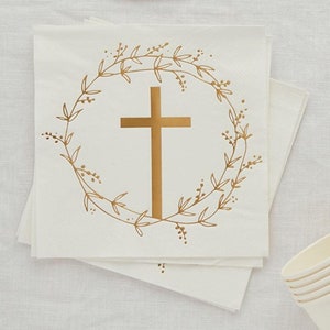 16 tovaglioli di carta con croce dorata, articoli per feste di battesimo, feste religiose per bambini, stoviglie dorate, tovaglioli per feste di comunione