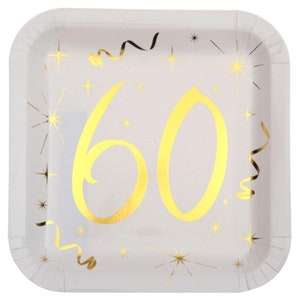 10 piatti di carta per il 60° compleanno con lamina d'oro, stoviglie per feste per il 60° compleanno con lamina scintillante, festa per il 60° compleanno, articoli per feste per il traguardo dei 60 anni in oro