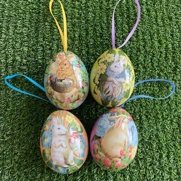 4 Small Hanging Easter Eggs, Vintage Design, Small Tin Easter Hunt Eggs, Childrens Easter Party, Fill With Treats Hanging Eggs