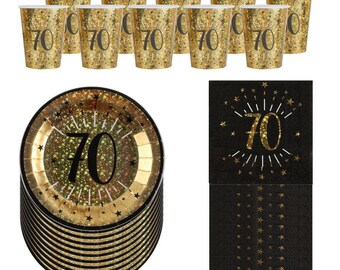 Black Gold 70th Birthday Party Pack For 10 People, 70th Birthday Decorations, 70th Party Plates, 70th Paper Napkins, 70th Party Cups