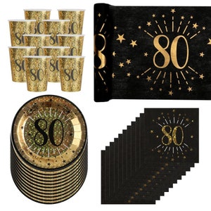 Black Gold 80th Birthday Party Pack For 10 People, 80th Birthday Decorations, 80th Party Plates, 80th Paper Napkins, 80th Party Cups