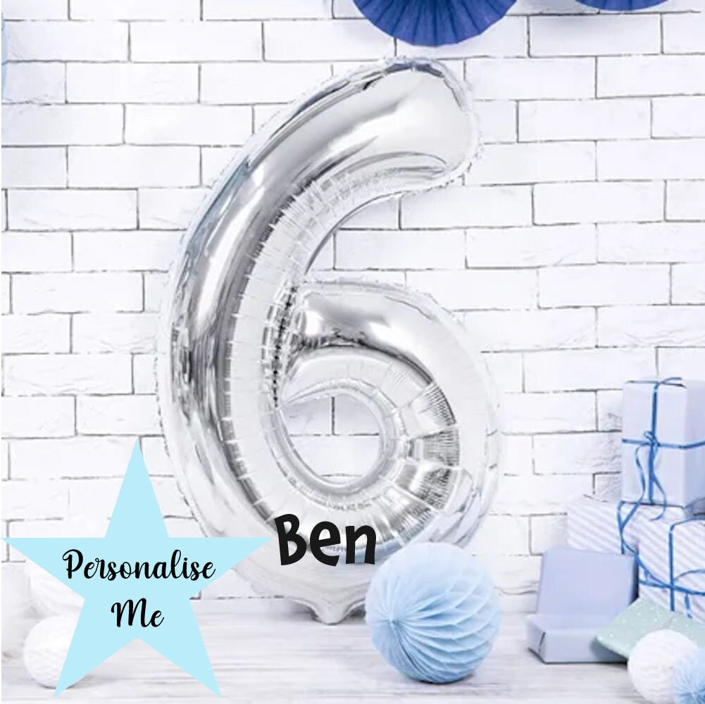 Personalised Jumbo Silver Number 6 Balloon, Birthday Age Balloon with Name 86cm, Silver Party Decorations 6th 16th 60th Party, Vinyl Sticker