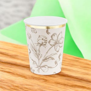 6 Elegant Beige and Gold Floral Paper Cups, Beautiful Party Drinkware for Birthdays, Baby Showers, Weddings & Celebrations