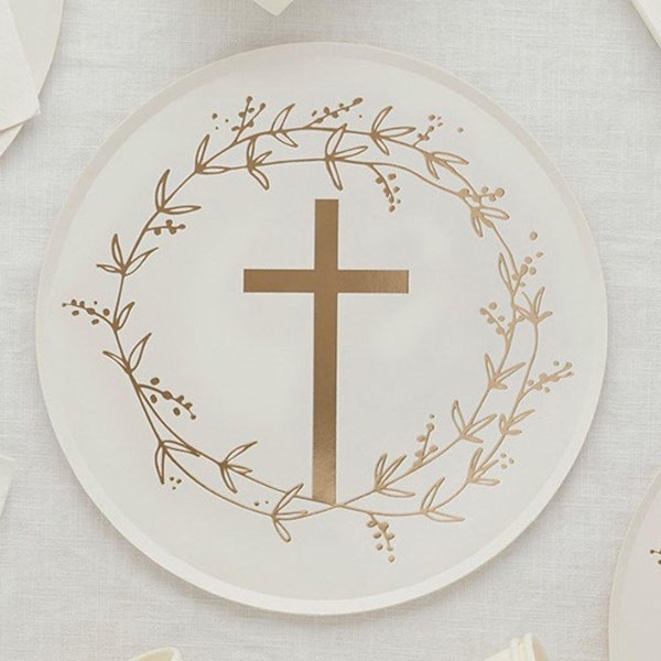 8 Gold Cross Paper Plates, Christening Baptism Partyware, Childrens Religious Party, Gold Tableware, Communion Party Plates