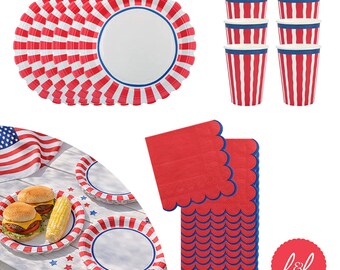Red Striped Party Tableware Set, Paper Plates Cups and Napkins for Birthdays, Celebrations and Kids Parties (Party Pack for 6)