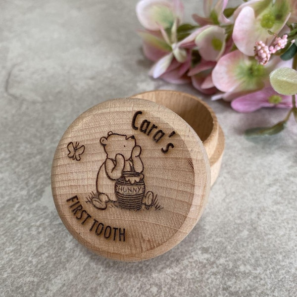 Personalised Winnie The Pooh First Tooth Box, Baby Gift, Wooden Trinket Engraved Pot, 1st Tooth Keepsake Box, Christening Gift