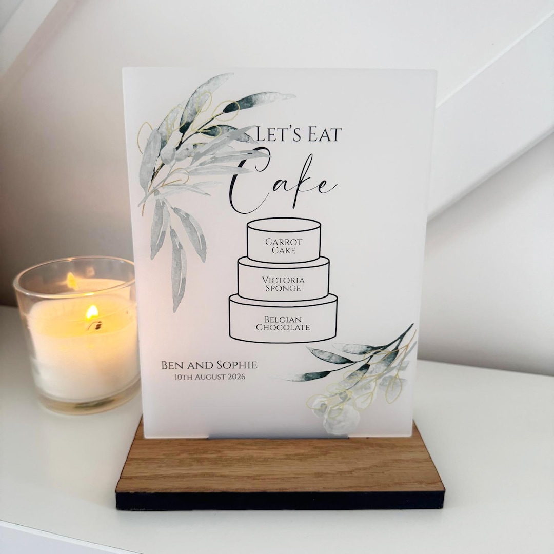 Botanical Personalised Wedding Cake Sign A5- Opaque Acrylic With Rustic ...