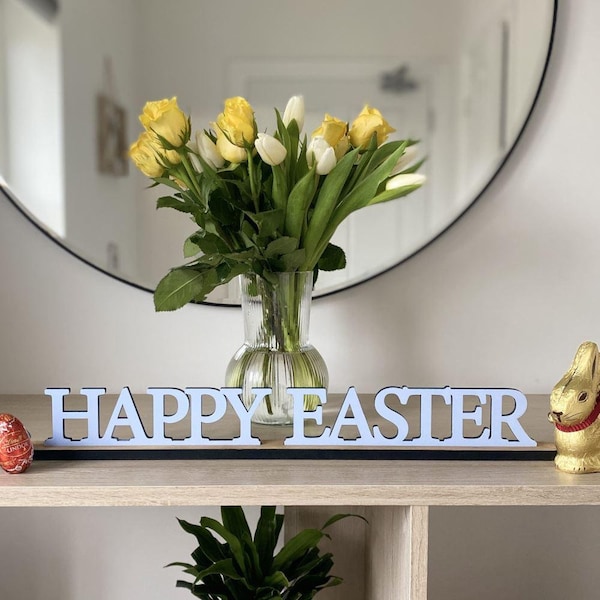 Happy Easter Free Standing Wooden Sign, Easter Home Decoration, Mantelpiece Easter Sign, Easter Table Sign, Choice Of Colours Laser Cut