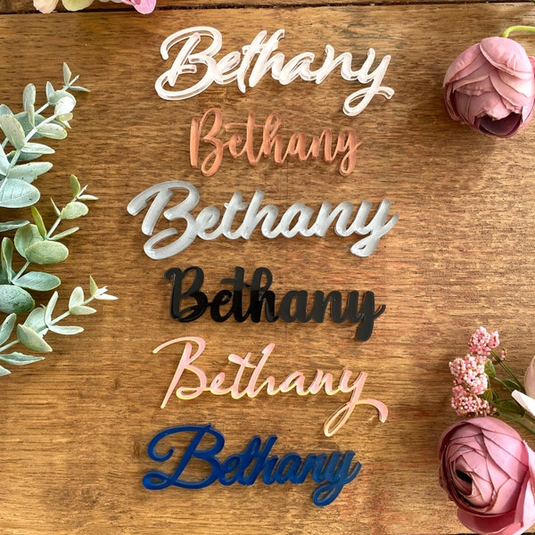 Personalised Acrylic Wedding Place Names, Napkin Favours, Small Childrens Acrylic Name Tags, Modern Name Cards, Colour Laser Cut Names