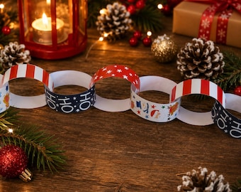 Cadenas de papel navideñas DIY de Papá Noel y sus amigos, adornos colgantes navideños rojos y azules, manualidades para fiestas navideñas para niños y familias.