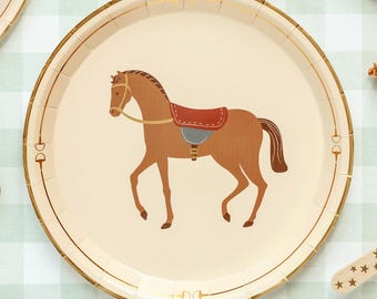 Conjunto de 6 pratos de papel descartáveis para festa infantil com tema equestre, com estampa de cavalos, ideais para aniversários infantis e festas com temática country.