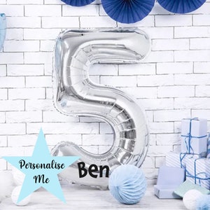 Personalisierter Jumbo Silber Zahl 5 Ballon, Geburtstagsballon mit Namen 86cm, Silberne Partydekoration, 5.15.50. Party, Vinylaufkleber