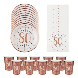 80th Birthday Party Pack For 10 People, Rose Gold 80th Birthday Tableware, 80th Party Plates, 80th Paper Napkins, 80th Paper Party Cups
