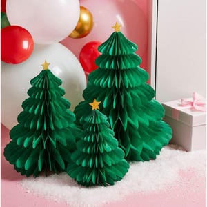 Set of 3 Green Honeycomb Christmas Trees – Festive Paper Decorations for Table, Mantel or Holiday Party Decor