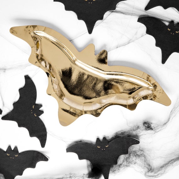 Halloween Bat Party Plates, Gold Bat Paper Plates, Halloween