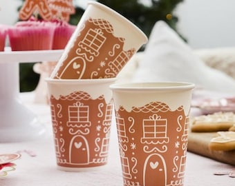 Copos de papel natalinos em formato de casinha de gengibre, marrons, para festas, chocolate quente e outras bebidas. Pacote com 8 unidades.