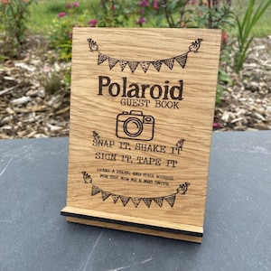 Personalised Wedding Wooden Photo Guest Book Sign, Polaroid Photo Camera Table Sign, Wedding Guest Book Decoration, Wooden Oak Veneer Sign