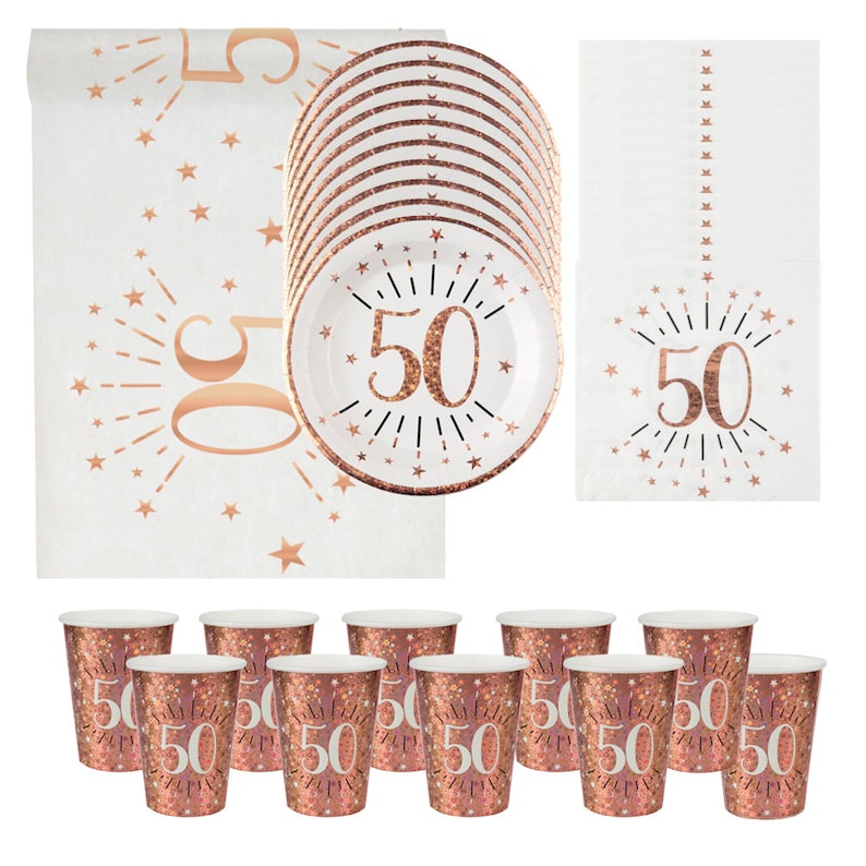 May include: Rose gold 50th birthday party supplies set with plates, cups, and napkins. The plates and napkins feature a rose gold 50 with a starburst design.