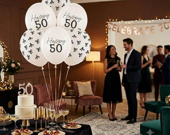 Globos para fiesta de 50 cumpleaños (paquete de 6), globos dorados número 50 con lazo, decoraciones para 30 cumpleaños, artículos para fiestas