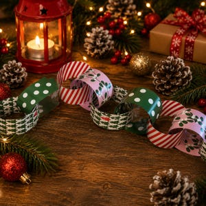 May include: A Christmas-themed image featuring a red lantern with a lit candle, and a paper chain garland. The garland has green polka dots, red stripes, and pink floral designs. Pine cones, baubles, and a wrapped gift add to the festive atmosphere.