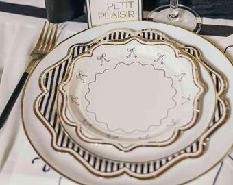 黒、白、金のパーティープレート8枚セット、18cm、誕生日用食器、エレガントな使い捨てプレート、モダンなパーティー装飾、誕生日パーティー用品