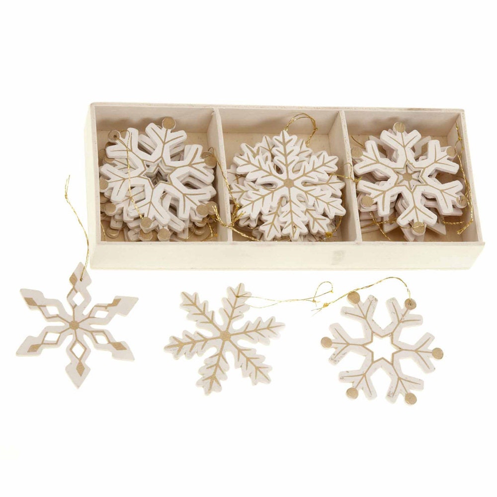 24 Cream & Gold Wooden Snowflakes Christmas Tree Decorations - Etsy UK