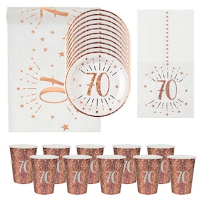 May include: Rose gold 70th birthday party supplies. The set includes a table runner, napkins, plates, and cups. All items feature a rose gold glitter finish and the number 70 with a starburst design.