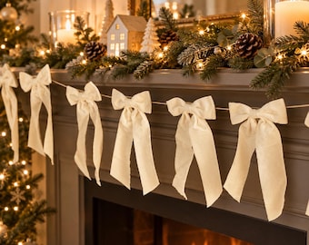 Cream Velvet Bow Garland Christmas Decoration, Ivory Festive Seasonal Holiday Home Decor, Cheerful Velvet Christmas Garland Style 2m