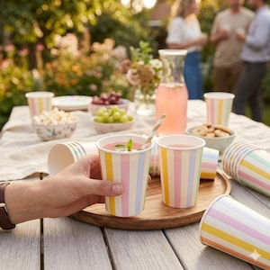 Może przedstawiać: Osoba trzyma w dłoni papierowy kubek w paski wypełniony różowym płynem, miętą i słomką. Kubek ma pionowe paski w pastelowych kolorach. Inne kubki, przekąski i napoje znajdują się na drewnianej tacy i stole, sugerując piknik.