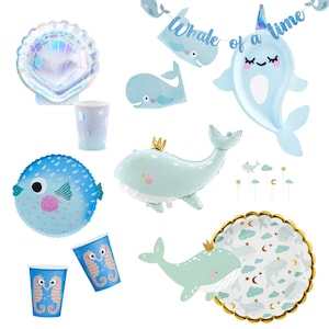 Under the Sea Birthday Party Supplies, Seaside Fish Tableware, Narwhal Partyware, Whale Party, Napkins Balloons Plates Banner Toppers Cups