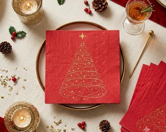 Christmas Cocktail Napkins, Red Sparkle Disposable Festive Tableware for Holiday Party Tables (Pack of 20, 25 cm)