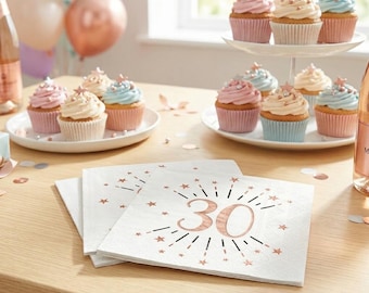 10 servilletas de papel metalizado color oro rosa para fiesta de 30 cumpleaños, servilletas de papel metalizado para 30 cumpleaños, vajilla para fiesta de 30 cumpleaños, artículos para celebrar el 30 cumpleaños