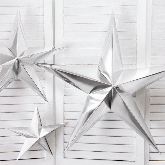 Silver Paper Hanging Star Decoration, Christmas Silver Star Decorations,  Silver Wedding Decor, Silver Shop Display 45cm 