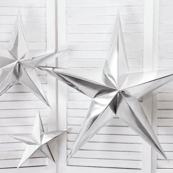 Silver Paper Hanging Star Decoration, Christmas Silver Star Decorations, Silver Wedding Decor, Silver Shop Display 45cm