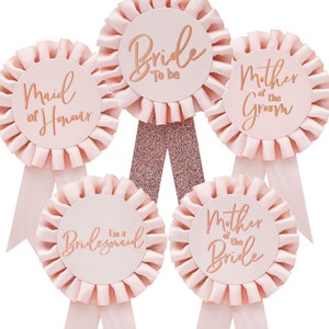 Pink Hen Party Rosette Pin Badge, Rose Gold Hen Party Favours, Bride To Be, Bridesmaid, Mother of the Bride Groom, Bridal Shower Pins