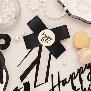 50th Birthday Party Rosette, Age 50 Party Badge, Cream Black Rosette for 50th Party, 50th Party Badge