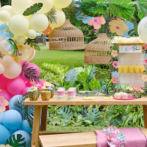 Tiki Tropical Party Tableware and Decorations, Multicolored Cups Paper Napkins Toppers Decorations Treat Stand Grazing Board, Summer BBQ