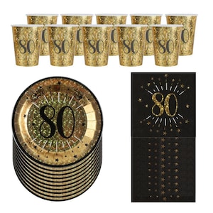 Black Gold 80th Birthday Party Pack For 10 People, 80th Birthday Decorations, 80th Party Plates, 80th Paper Napkins, 80th Party Cups