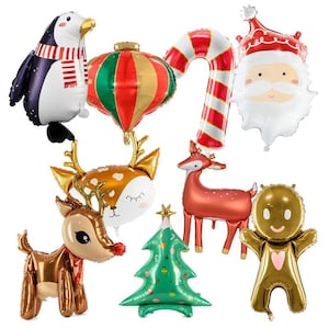 Op de afbeelding: Een set kerstballondecoraties, waaronder een pinguïn, een snoepstok, een kerstman, een rendier, een kerstboom en een peperkoekman.