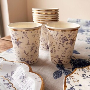 8 bicchieri di carta floreali botanici blu, bicchieri per feste con lamina d'oro, bicchieri per stoviglie da matrimonio blu, articoli per feste blu, bicchieri usa e getta