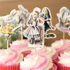 24 Alice In Wonderland Cupcake Picks, Mad Hatters Tea Party Cake Decoration, Wonderland Wedding Cupcake Picks, Childrens Baking