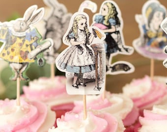 24 Alice In Wonderland Cupcake Picks, Mad Hatters Tea Party Cake Decoration, Wonderland Wedding Cupcake Picks, Childrens Baking